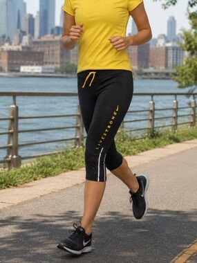 Women’s Nike Dri Fit Black Capri Leggings with Yellow Accents & Reflective